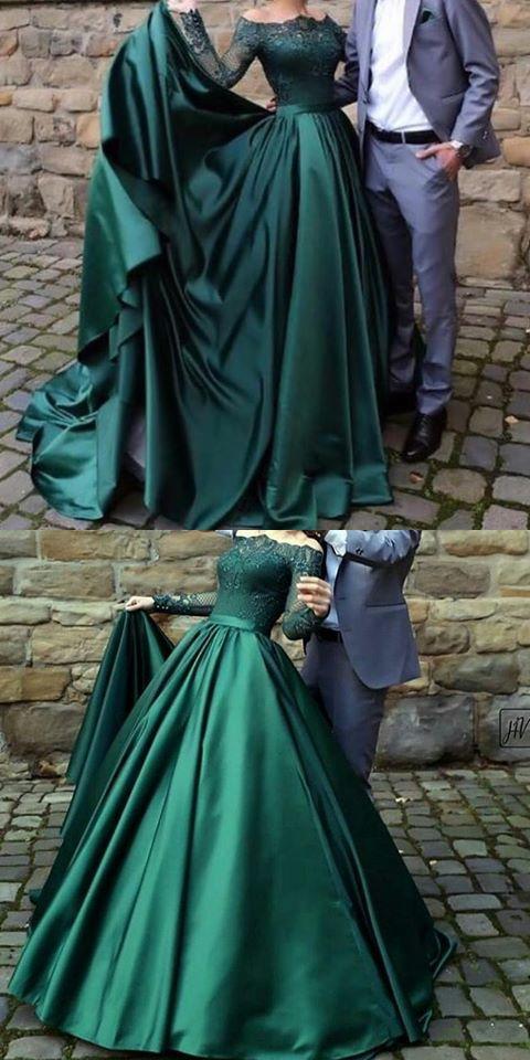 off shoulder modest long sleeves dark green prom dress, PD0841