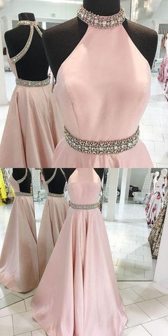 light pink satin open back A-line beaded long prom dress, PD7692