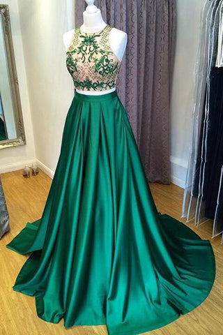 2020 two pieces green top long satin prom dresses, PD12541