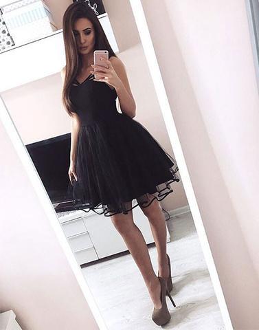 black short A-line tulle charming homecoming dresses, BD3888