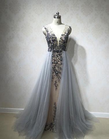 unique charming grey tulle beaded v-neck long prom dresses, PD5786