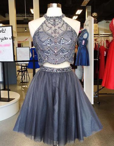 two pieces halter grey tulle beaded A-line short homecoming dress, HD4548