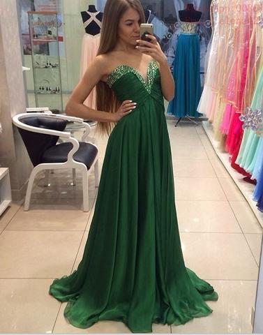 simple beaded chiffon green sweetheart long prom dress, PD001781