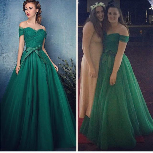 off shoulder A-line green tulle long prom dress, PD5711