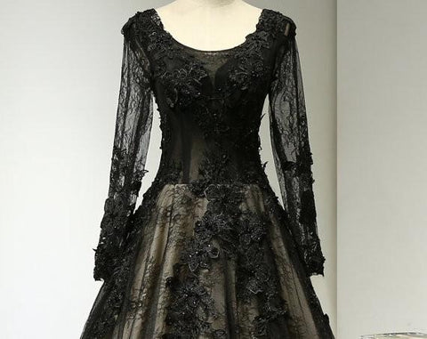 black prom dress, lace prom Dress, A-line prom dress, long sleeves prom dress, lace up prom dress, BD3901