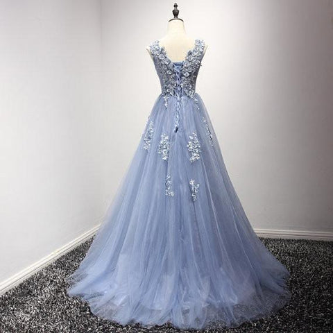 lavender prom dress, long prom dress, tulle prom dress, A-line prom dress, lace up evening gown, BD382