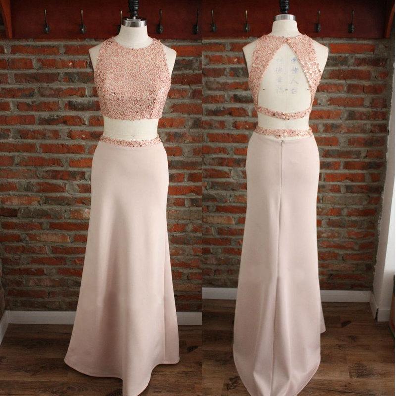 two pieces open back blush pink long prom dress, PD551