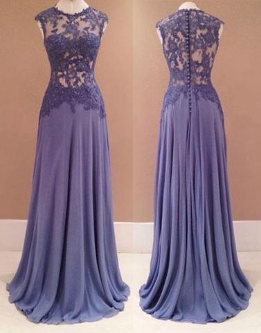 Purple Long Chiffon Lace See-Through Top Prom Dress, PD1466