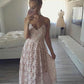 light pink lace tea-length party prom dress, PD9983