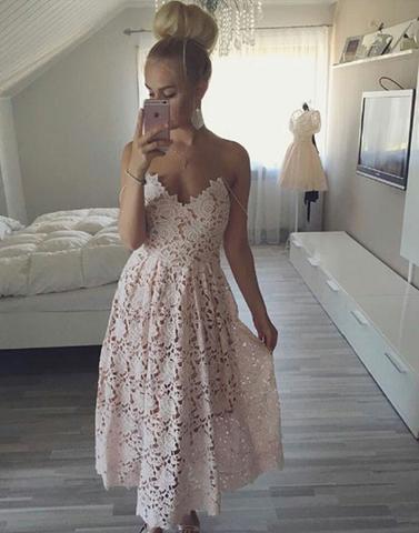 light pink lace tea-length party prom dress, PD9983