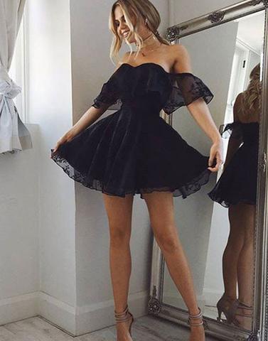 black off shoulder lace short homecoming dress, BD3906