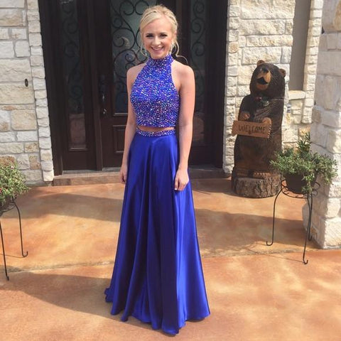 two pieces prom dress, long prom dress, royal blue prom dress, beaded prom dress, evening gown , BD4647