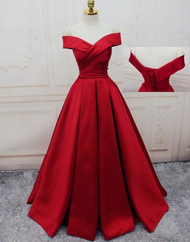 off shoulder red A-line satin long formal prom dress, PD8373