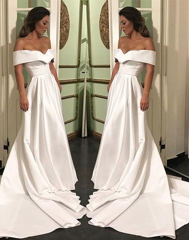 elegant off shoulder white satin long formal prom dress with train, PD5226