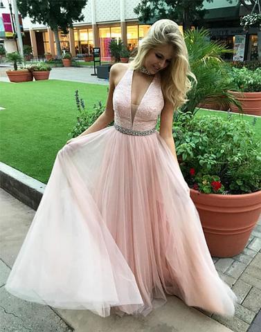 elegant light pink tulle beaded v-neck long prom dress, PD5787