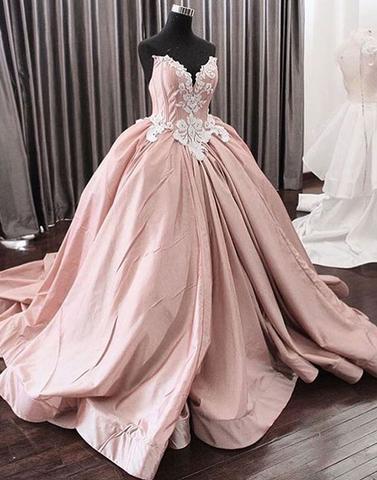 Ball Gown strapless dusty pink long prom dresses, PD1373