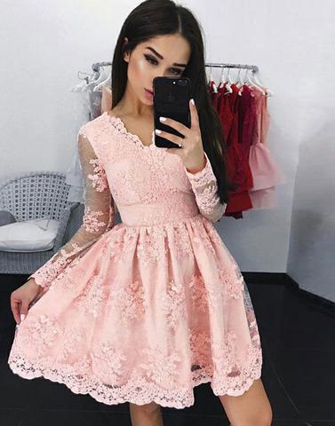 v-neck pink lace long sleeves short homecoming dress, HD984