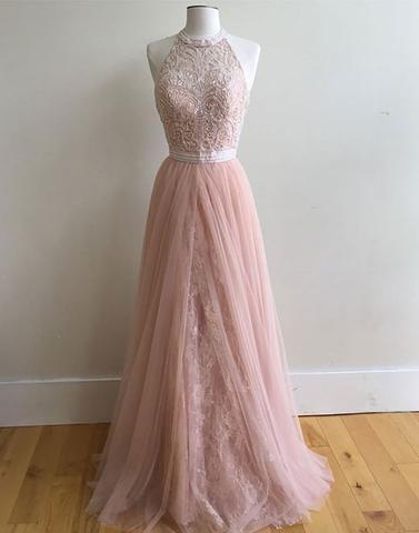 beaded halter dusty pink A line tulle lace long prom dresses, PD9980