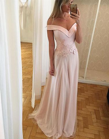 elegant blush pink off shoulder long prom dress, PD5224