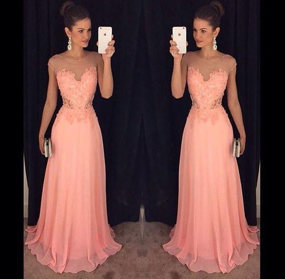 peach lace appliques scoop chiffon long elegant formal prom dress, PD3014