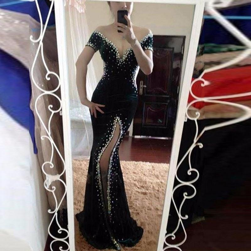 sparkle black off shoulder mermaid side slit formal long beaded prom dress, PD814