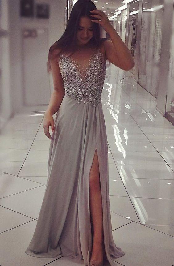 charming beaded gray side slit long prom dress, PD9979