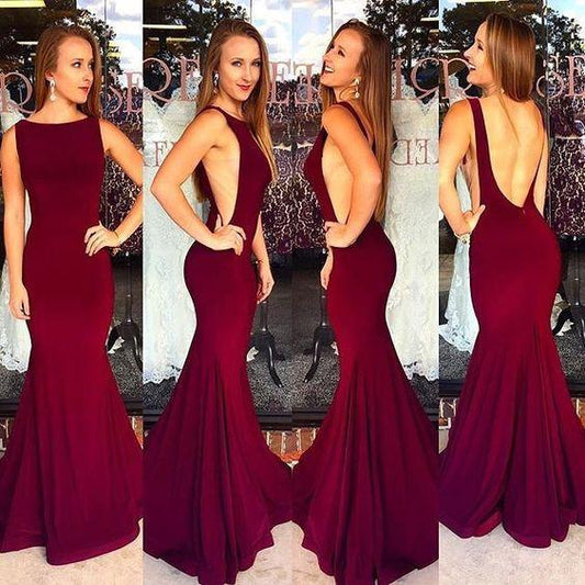 burgundy backless mermaid long formal prom dresses, PD3019