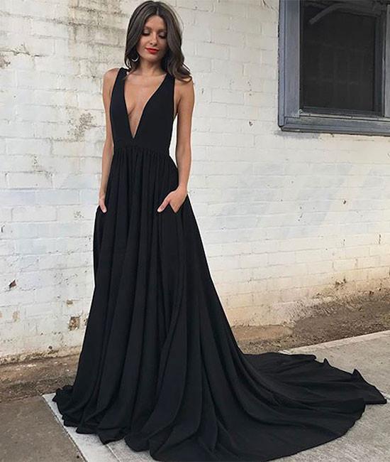 black long v-neck backless formal prom dresses, PD1265