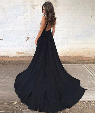 black long v-neck backless formal prom dresses, PD1265