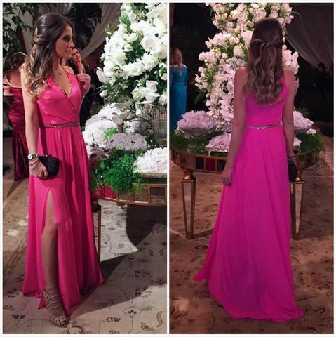 hot pink chiffon side slit v-neck long prom dress, PD8625