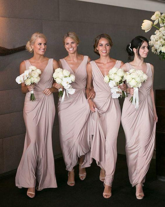 dusty pink chiffon v-neck long Bridesmaid Dresses, PD9802
