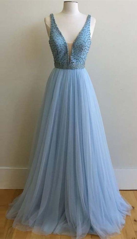 v-neck light blue tulle beaded long prom dress, PD5889