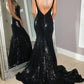 black sequin mermaid backless formal long prom dresses, PD1481