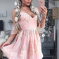 v-neck spaghetti straps pink lace short homecoming dress for girls, BD3804