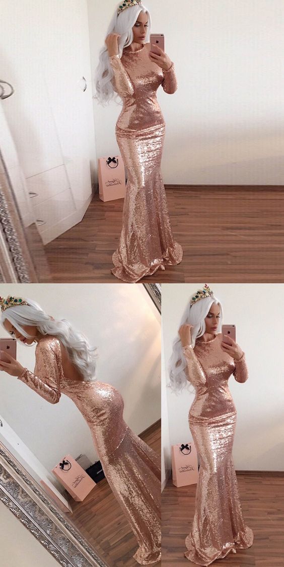 rose gold sequin long sleeves open back mermaid long prom dress, PD5898