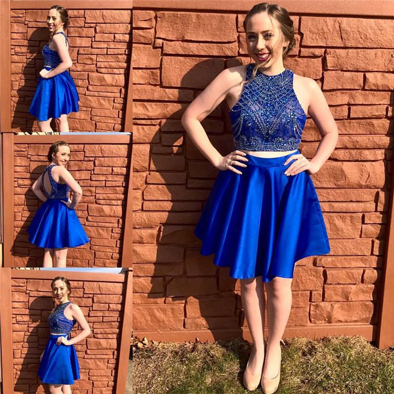 royal blue two pieces beaded junior short homecoming dress, BD3802