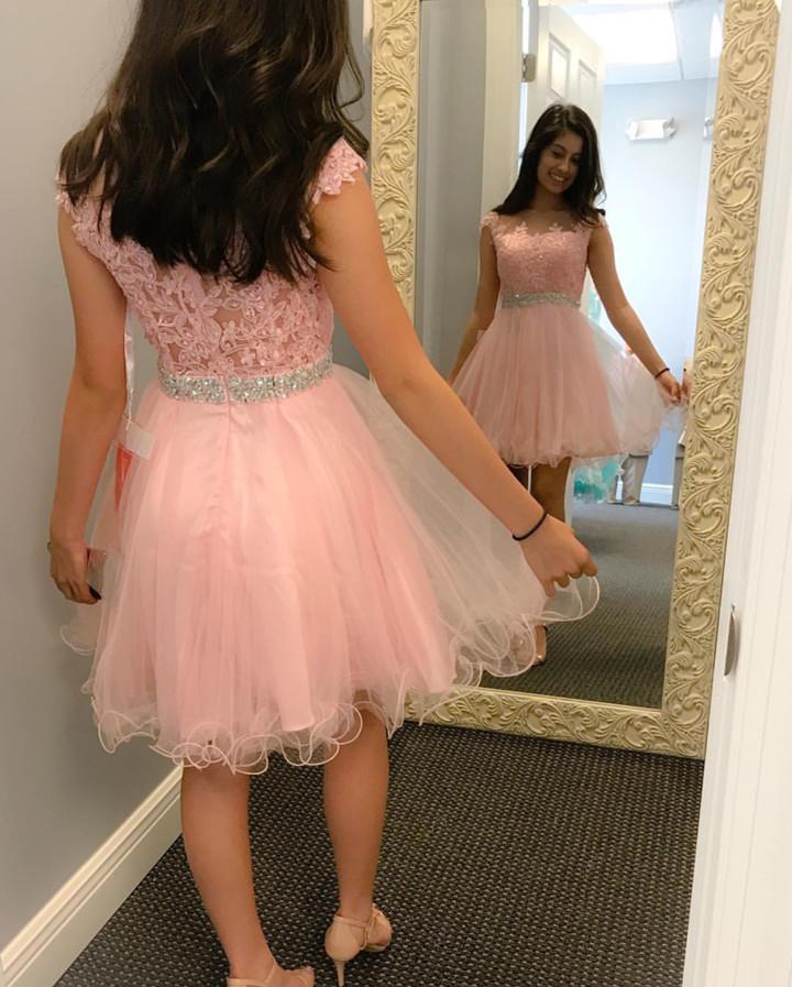 cap sleeves pink tulle cute short prom dress, PD8141