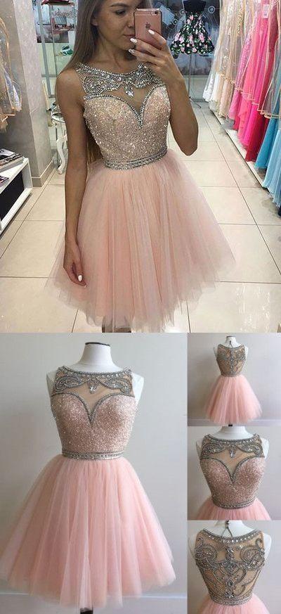 light pink tulle A-line beaded charming short homecoming dress, BD3806