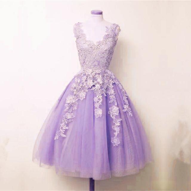 lilac tulle lace appliques A-line short homecoming dress, HD645