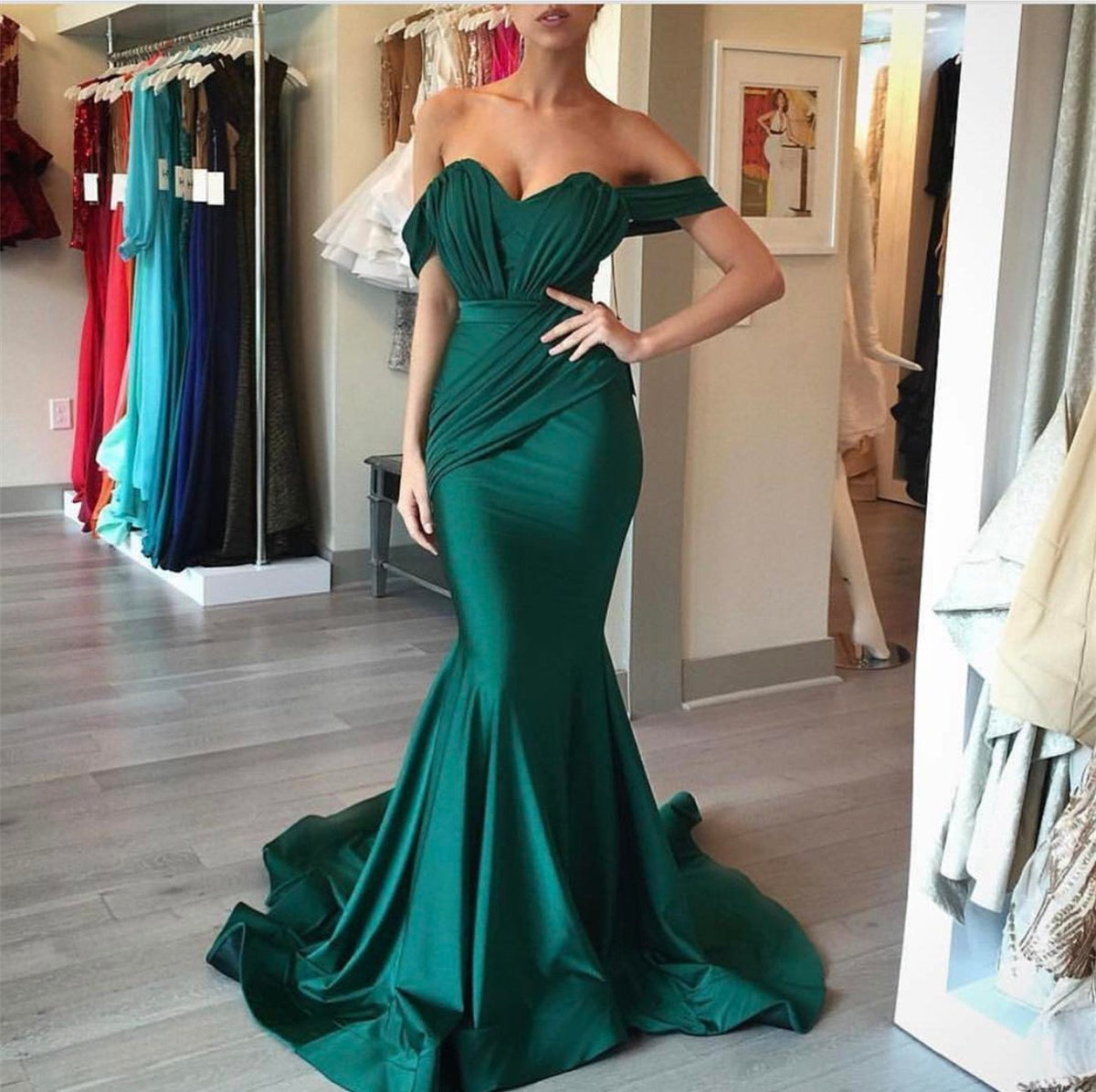 off shoulder mermaid elegant formal teal green long prom dress, PD6221