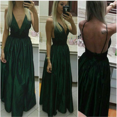 formal simple dark green backless v-neck long prom dress, PD5894