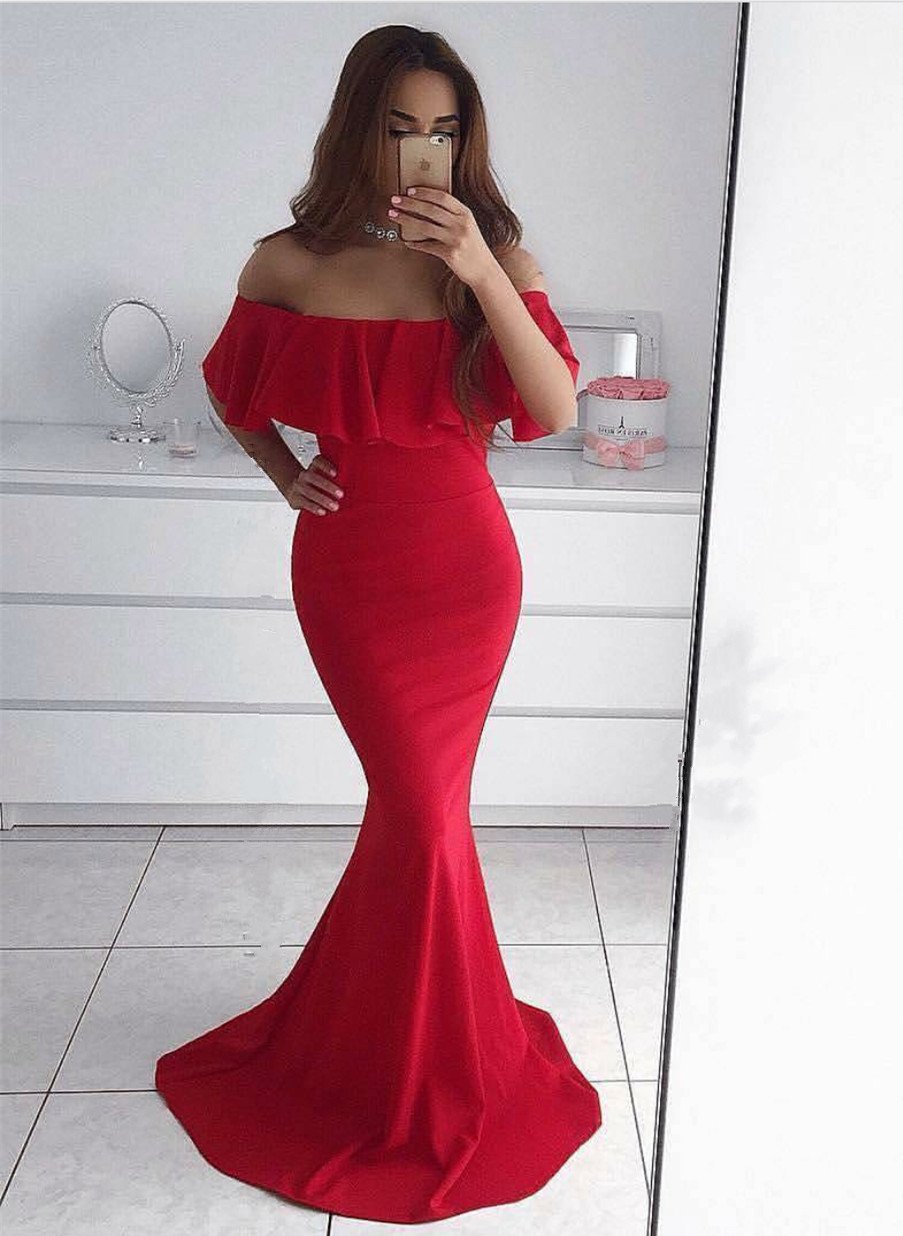 off shoulder mermaid elegant formal red prom dress, PD6227