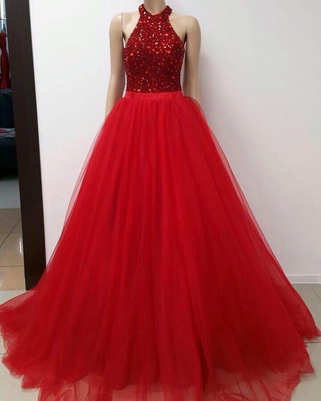 charming formal A-line tulle red beaded long prom dress, PD5890