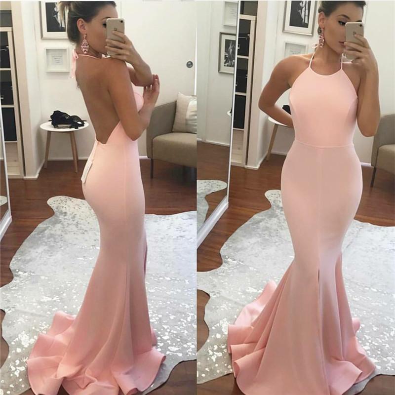 pink backless mermaid long prom dress, PD6330