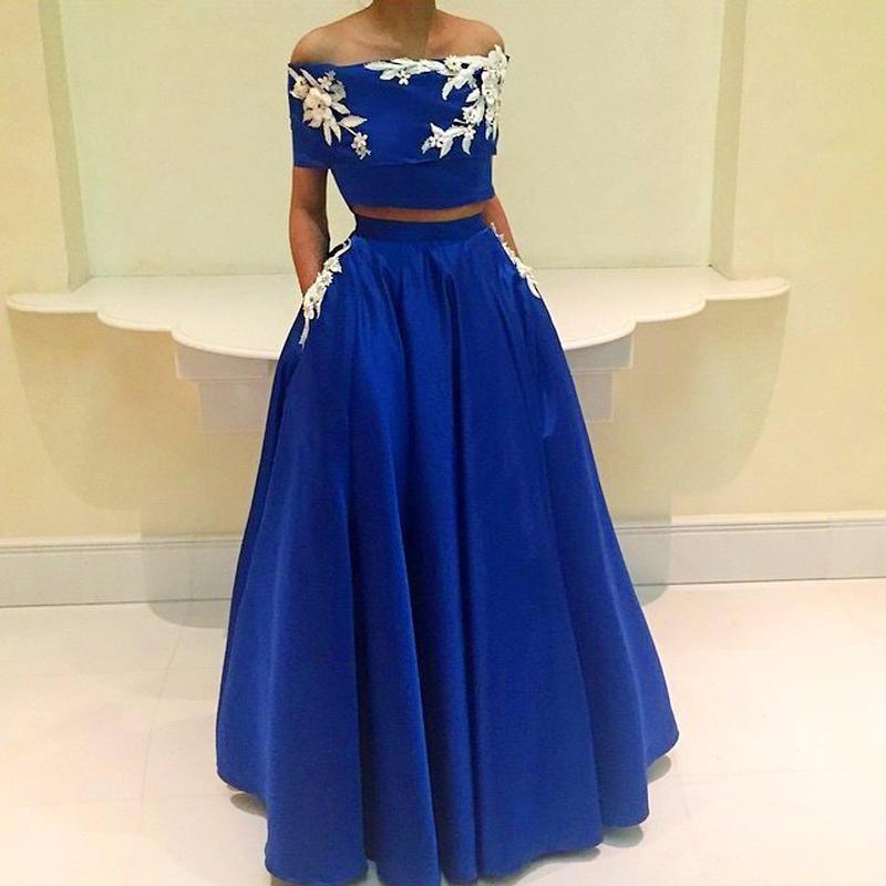 off shoulder short sleeves royal blue two pieces long prom dress, PD6328