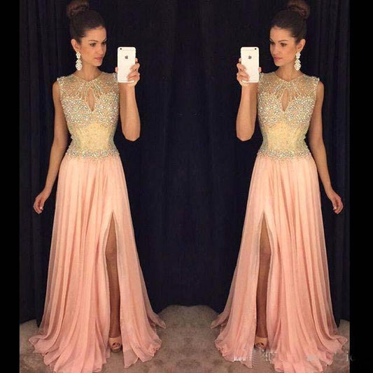 charming scoop formal chiffon beaded side slit long prom dress, PD5579