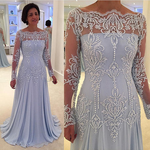 blue off shoulder long sleeves elegant long mother prom dress, PD5580