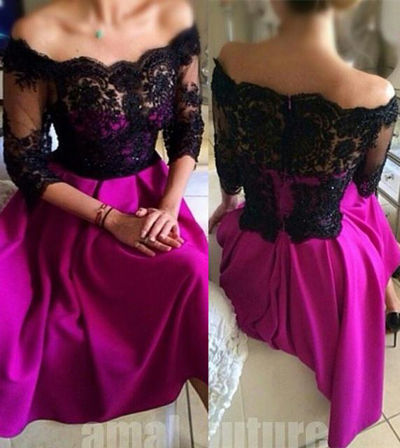 A-line off shoulder black lace top long hot pink prom dresses, PD6570