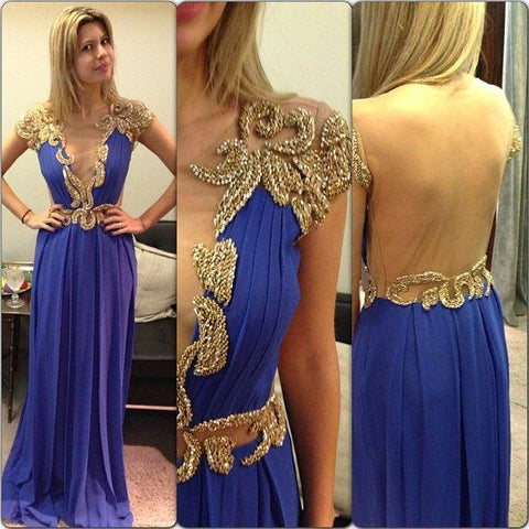 short sleeves chiffon open back long prom dress with beads, PD56572