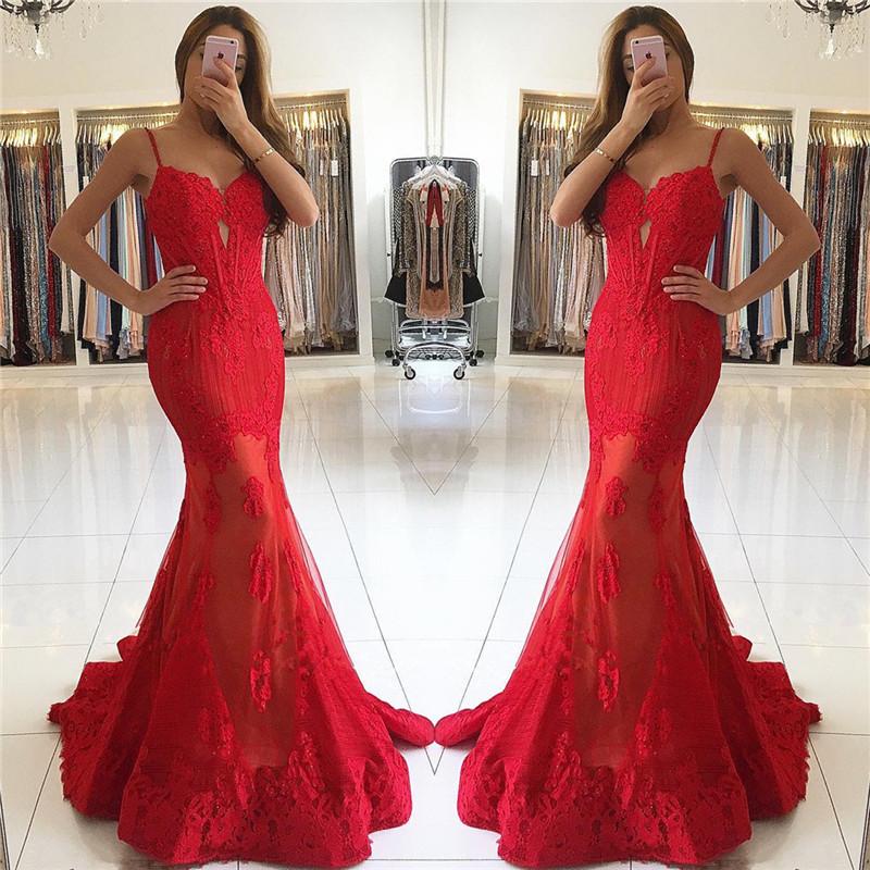 2020 formal spaghetti straps mermaid red long evening dresses, PD8583
